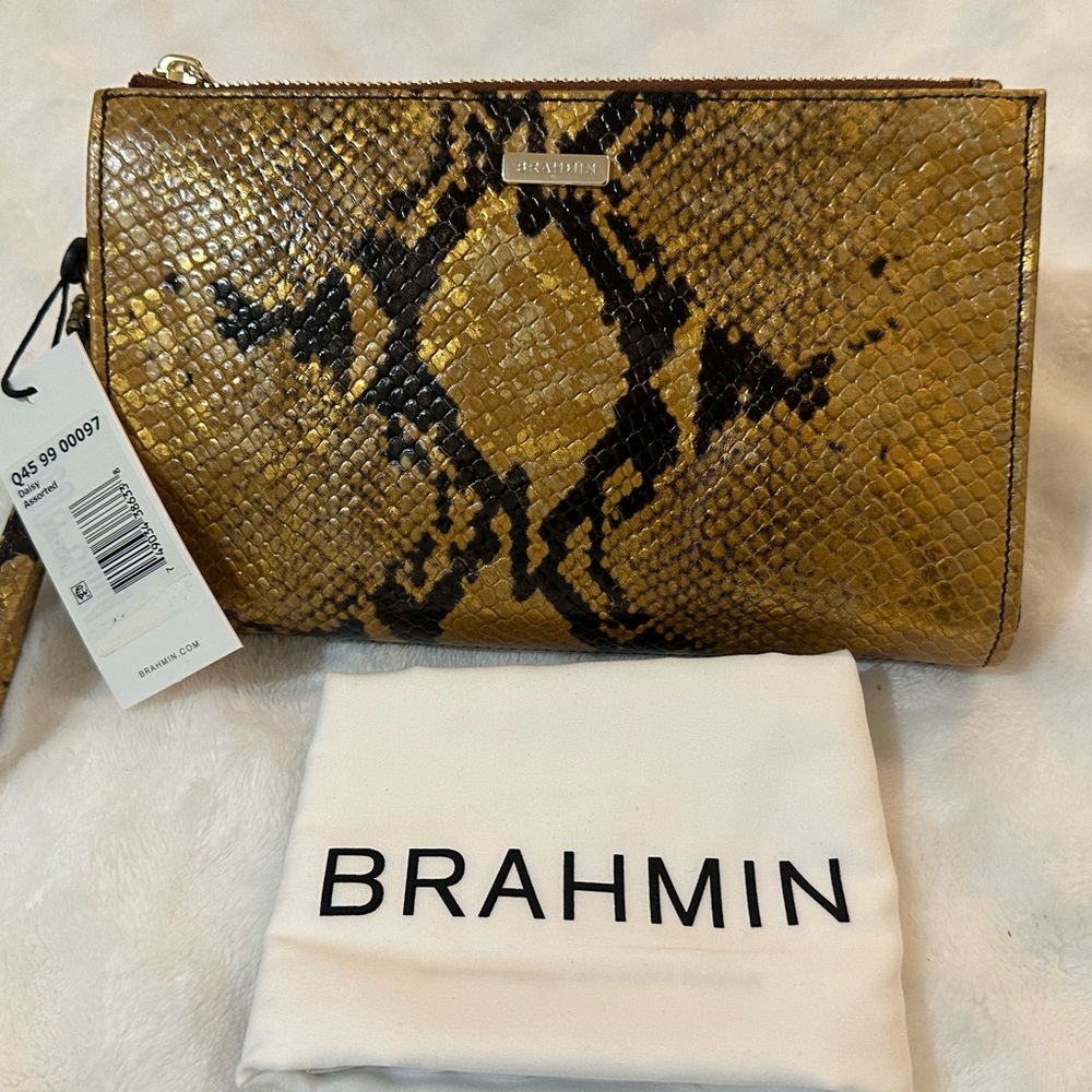 Brahmin Metallic Gold and Black Snake-Print Wristlet Daisy